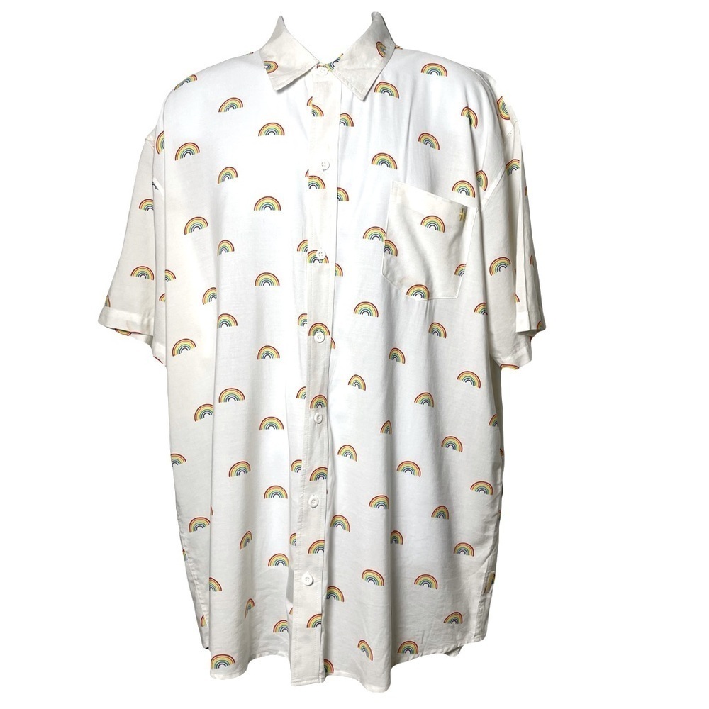 Tipsy Elves White Rainbow Print Men's Pride Oversized Button Up Shirt Size XXL